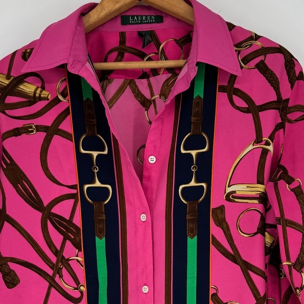 Lauren Ralph Lauren Equestrian Blouse Sz L Pink Horsebit Bridle Old Money Preppy - Picture 2 of 11